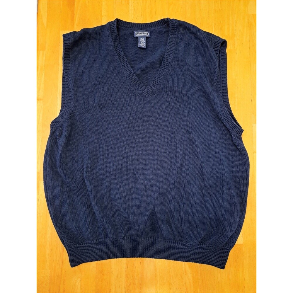 Lands End Navy Blue V-neck Cotton Sweater Vest Men's Size XL 46/48